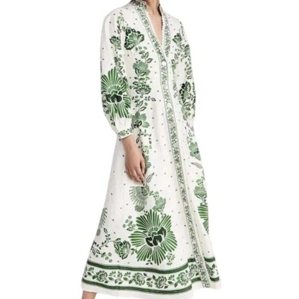 Floral Scallop Christian Lacroix Maxi Dress V-Neck Button Front XS White Green